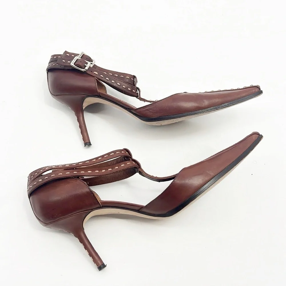 Michael Kors T-Strap Hand Stitched Pointed Toe Brown Heels size 7.5